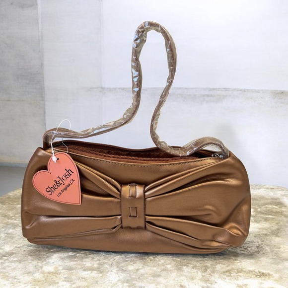 She&Josh Handbags - NWT She And Josh Bow Shoulder Bag Bronze Clutch Evening Wedding Elegant Purse